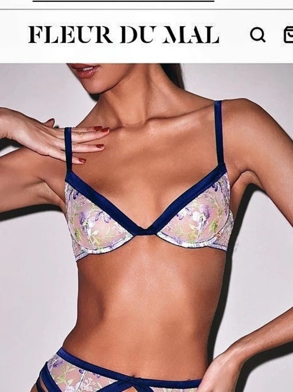 NWT Fleur du Mal Elara Embroidery Demi Bra Floral Navy Size 34DD